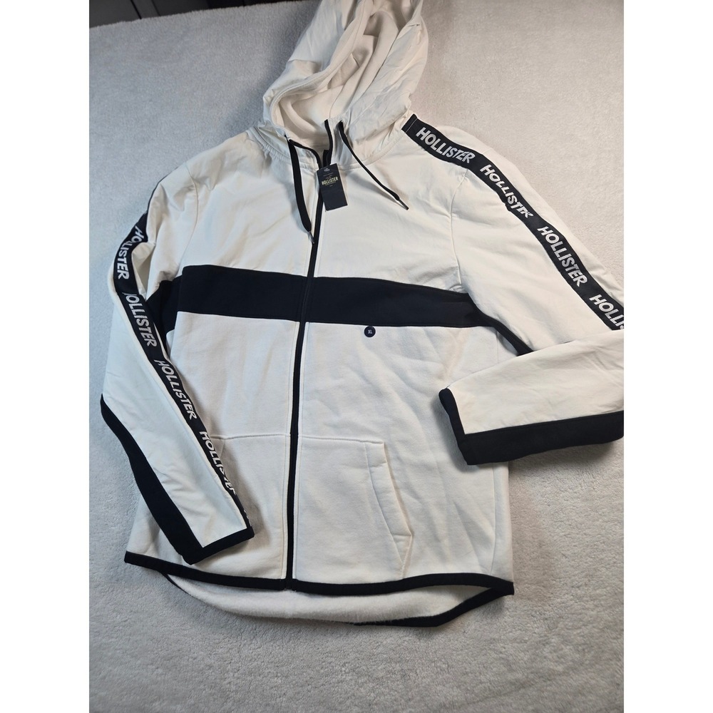 Hollister Mens XL Full Zip Hoodie White Black Logo Tape Colorblock Fleece NWT